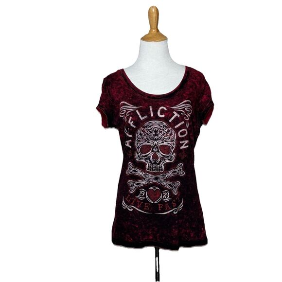 Affliction Live Fast Skull Slit back T-shirt black red lava Sz large flaws - Picture 1 of 7